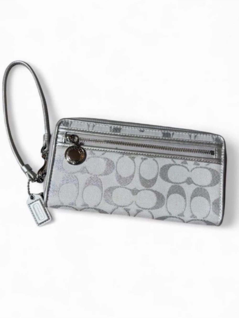 Coach Daisy Outline Signature Silver White Jacquard Zip Wallet Wristlet Y2K